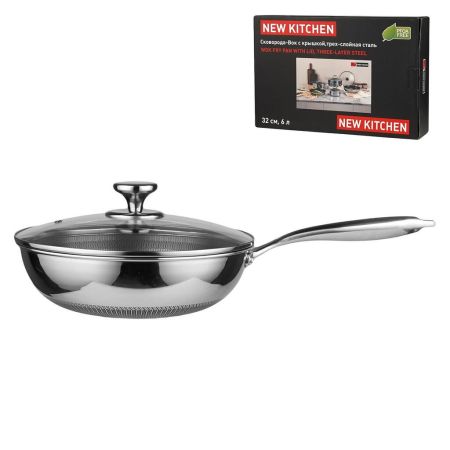 Сковорода Вок (WOK) 32/17,5 см h17/9,5 см 6л с крышкой Honeycombs нерж. с антиприг. покр. ИНДУКЦИЯ