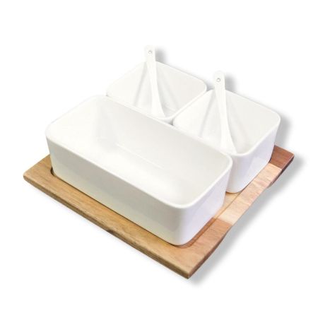 Соусник на деревянной подставке набор 3 соусника + 2 ложечки фарфор P.L.  [1]