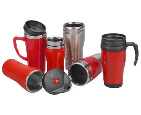Термостакан 0.4 л с красными PVC вставками, колба и корпус - нержавеющая сталь