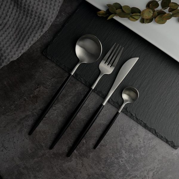 Ложка чайная 13,1 см матовая серый цвет черная ручка PVD Lounge P.L. [12]