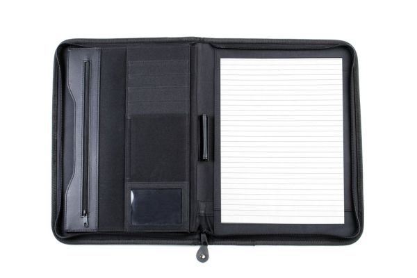 Папка для конференций  с блокнотом А4 на молнии чёрная, 600D полиэстер